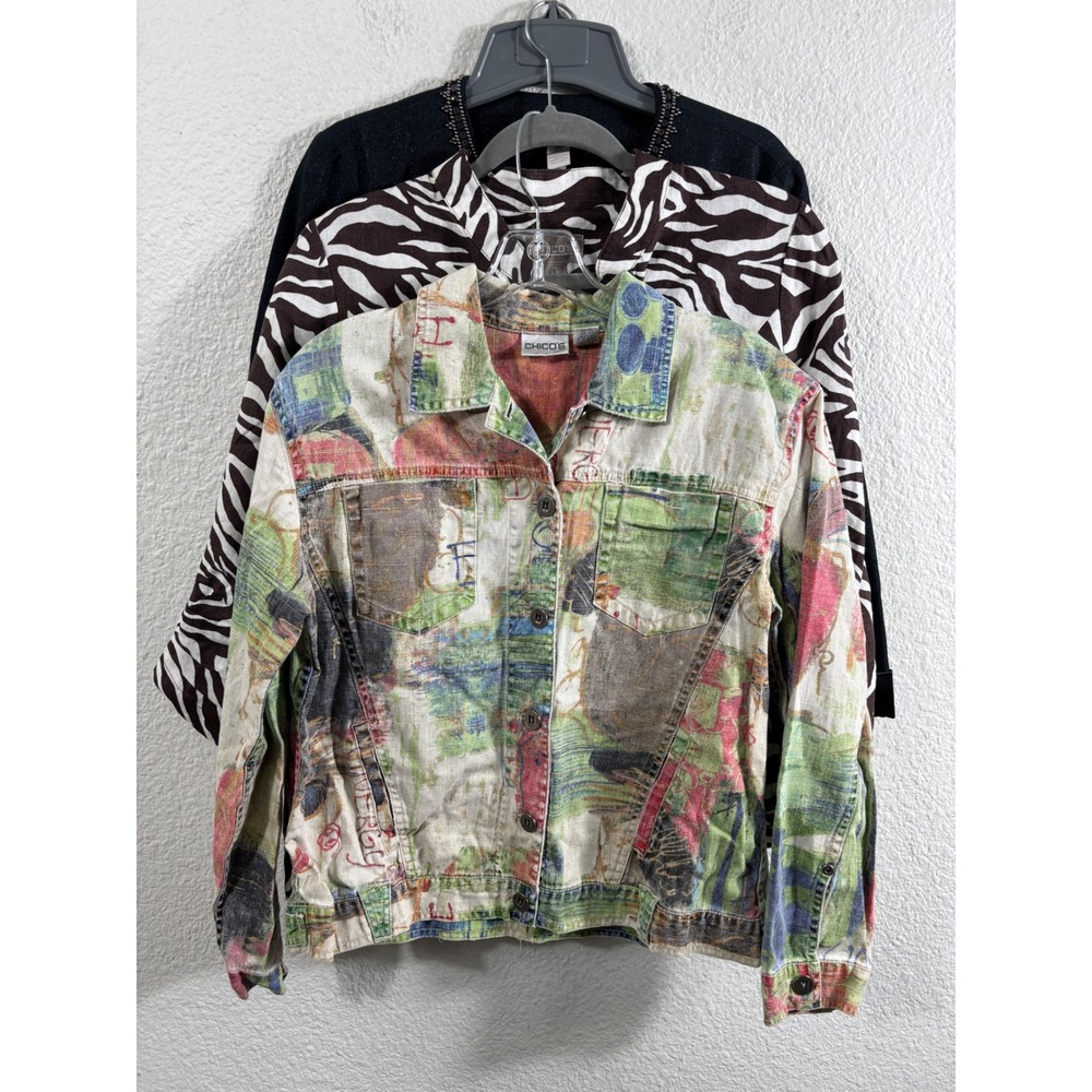 Chicos Lot of 3 Art to Wear Graffiti Face Denim Animal Print Jacket Size 0